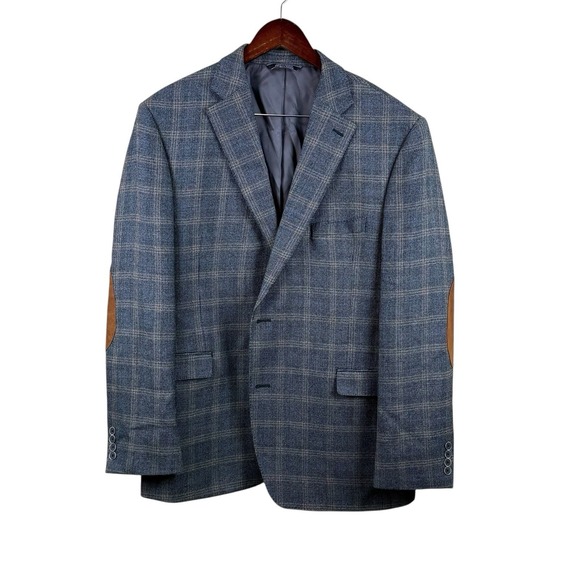 Saks Fifth Avenue Black Label Blazer Men 46R Wool‎ Black/Blue/Tan Elbow Patches